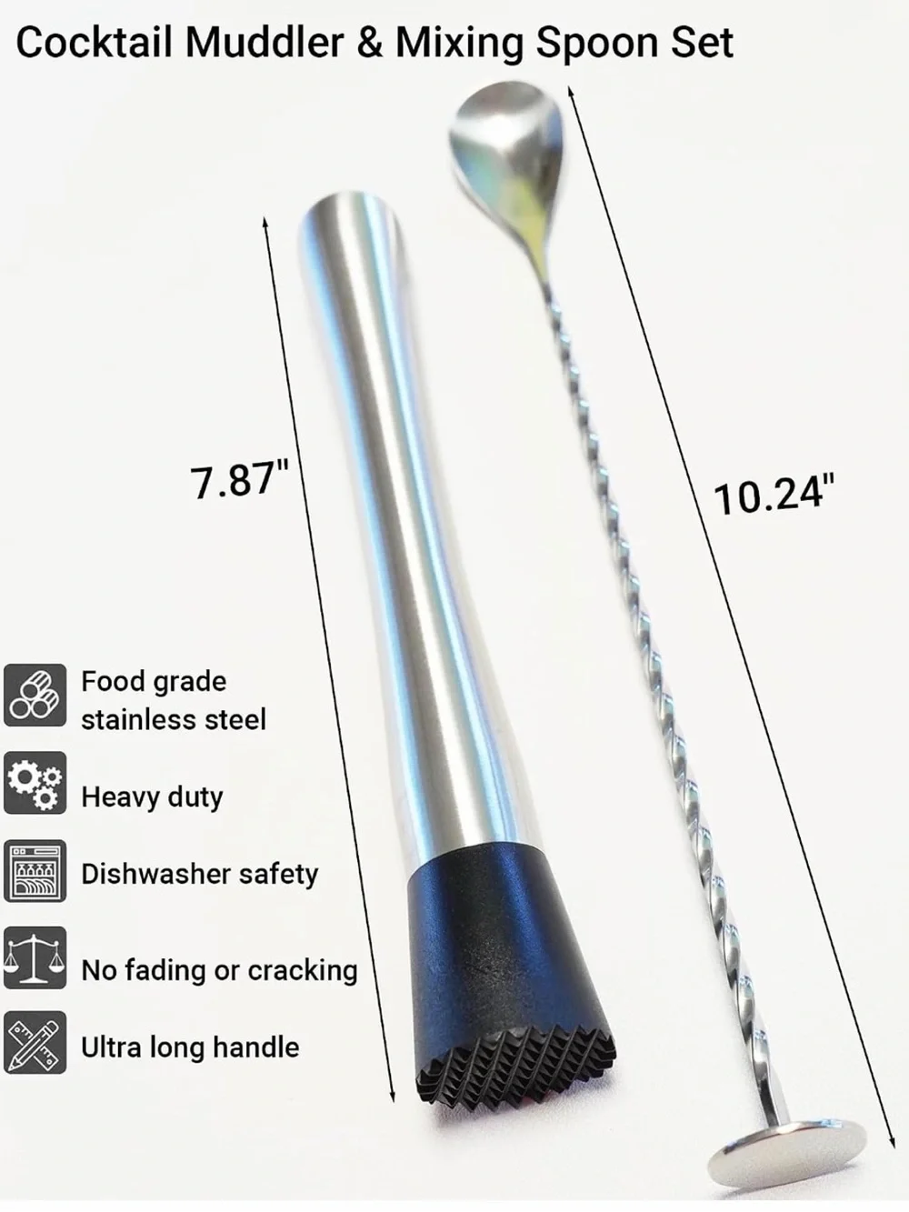 Stainless Steel 8'' Cocktail Muddler & 10'' Mixing Spoon Set